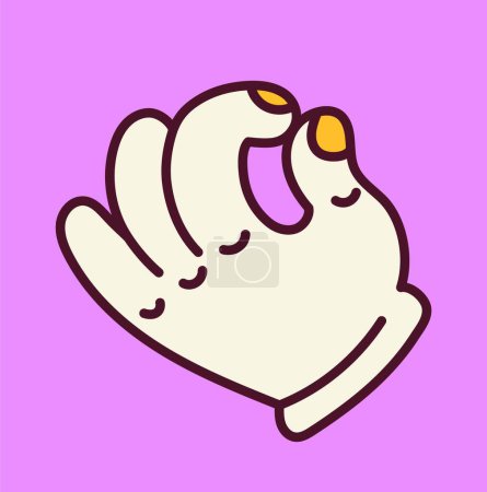 Photo for Trippy retro symbol. Psychedelic groove sticker with white hand or palm with ok gesture. Design element for covers and posters. Cartoon flat vector illustration isolated on purple background - Royalty Free Image