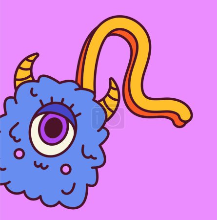 Illustration for Trippy retro symbol. Funny psychedelic sticker with cute blue groove monster or alien with horns and eye. Design element for print. Cartoon flat vector illustration isolated on purple background - Royalty Free Image