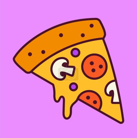 Ilustración de Trippy símbolo retro. Cartel funky con rebanada de deliciosa pizza con queso goteante. Pegatina de ranura divertida. Elemento de diseño para impresión. Ilustración vectorial plana de dibujos animados aislada sobre fondo púrpura - Imagen libre de derechos
