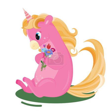 Illustration for Pink unicorn with flowers. Charming fictional animal sits on lawn. Fantasy and imagination, fairy tale and dreams. Toy or mascot for children. Poster or banner. Cartoon flat vector illustration - Royalty Free Image