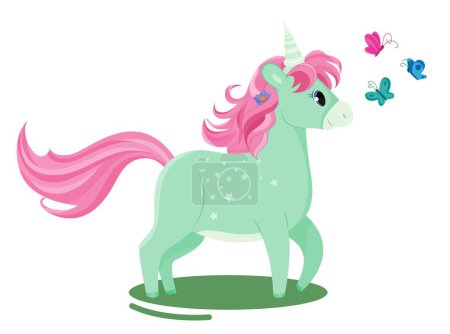 Illustration for Green unicorn with butterflies. Pony with pink mane runs to insects. Fictional character, imagination and fantasy, fairy tale. Graphic element for printing on fabric. Cartoon flat vector illustration - Royalty Free Image