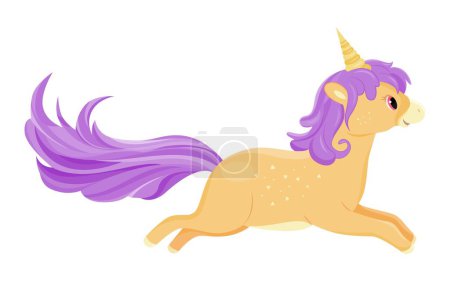 Ilustración de Unicornio beige corriendo. Encantador animal con melena púrpura y cuerno. Fantasía e imaginación. Pegatina para redes sociales y mensajeros. Juguete o mascota para niños. Dibujos animados ilustración vector plano - Imagen libre de derechos