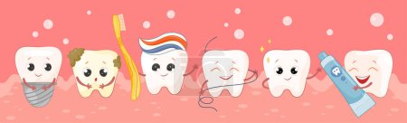 Illustration for Cute tooth hygiene poster. Funny teeth with toothpaste, toothbrush and floss. Oral care and caries prevention. Daily dental routine. Cleansing and removing microbes. Cartoon flat vector illustration - Royalty Free Image
