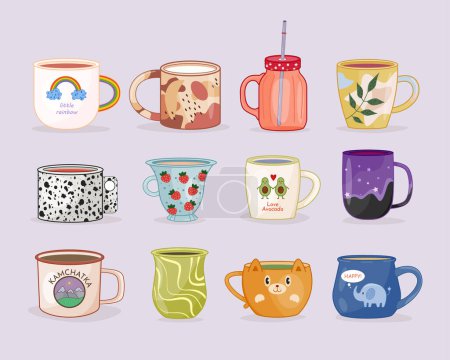 Illustration for Set of stylish cups. Beautiful decorated mugs with hot drinks, coffee or tea. Cute crockery for beverage. Design element for social networks. Cartoon flat vector collection isolated on gray background - Royalty Free Image