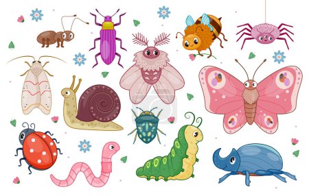 Illustration for Set of different cute insects. Stickers with funny forest arthropods or animals. Beetle, spider, ladybug, bee, butterfly, snail and worm. Cartoon flat vector collection isolated on white background - Royalty Free Image