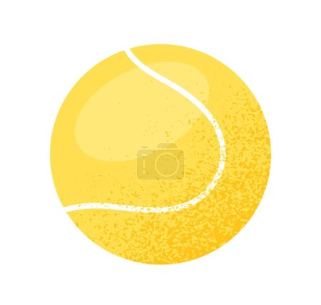Téléchargez les illustrations : Autocollant balle sport. Icône avec petite balle jaune pour jouer au tennis avec des raquettes. Entraînement ou activité physique. Équipement pour le jeu de sport. Illustration vectorielle plate de bande dessinée isolée sur fond blanc - en licence libre de droit