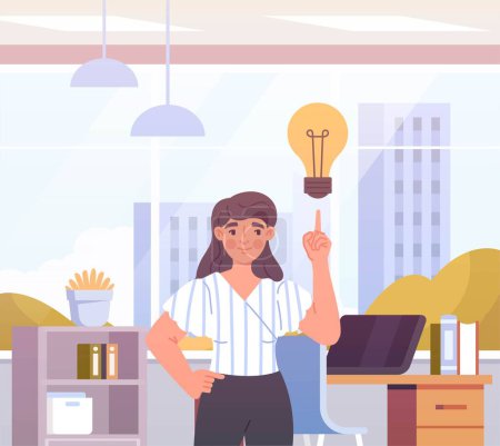 Illustration for Business woman concept. Girl with light bulb, creative personality, insight and brainstorming. Metaphor for organizing effective workflow, innovation and start up. Cartoon flat vector illustration - Royalty Free Image