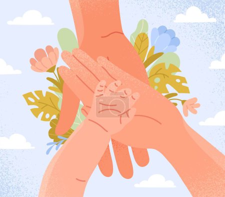 Illustration for Concept of supporting family. Big hands holding small ones, mom and dad taking care of child. Mental health and psychological support. Poster or banner for website. Cartoon flat vector illustration - Royalty Free Image