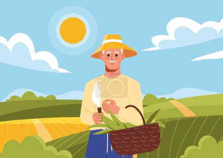 Illustration for Farming profession concept. Man with basket in hat stands in background of fields with fresh fruits and vegetables. Village area and landscape. Poster or banner. Cartoon flat vector illustration - Royalty Free Image