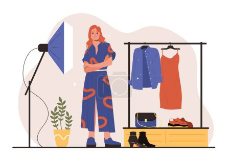 Illustration for Fashion model concept. Girl in wardrobe chooses clothes. Fashion, trend and style, aesthetics and elegance. Poster or banner for website, sticker for social media. Cartoon flat vector illustration - Royalty Free Image