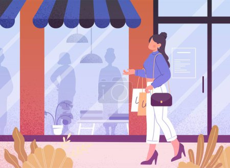 Illustration for Fashion stores concept. Young woman with shopping bags walks against backdrop of supermarket windows. Shopping, fashion and style, elegant character outdoor. Cartoon flat vector illustration - Royalty Free Image