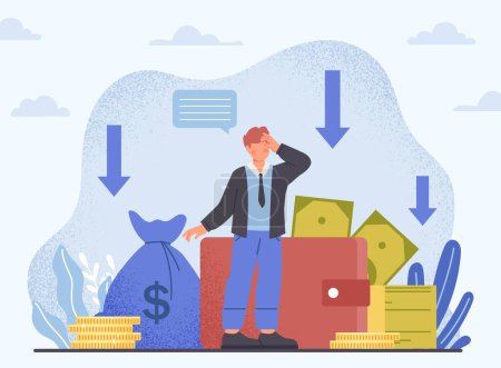 Illustration for Financial crisis concept. Young guy with money looks at arrows falling down, unsuccessful entrepreneur and bankruptcy. Economics, trading and financial literacy. Cartoon flat vector illustration - Royalty Free Image
