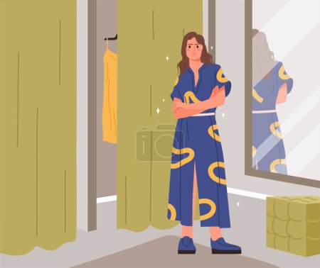 Ilustración de Concepto de sala de montaje. Mujer en vestido azul con patrones abstractos junto al espejo. Moda y estilo, estética, belleza y elegancia. Cartel o banner para el sitio web. Dibujos animados ilustración vector plano - Imagen libre de derechos
