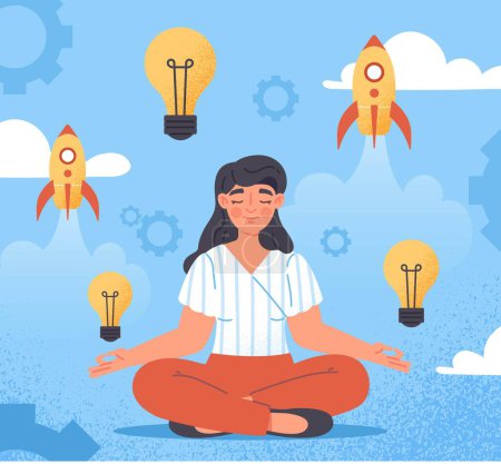 Illustration for Concept of innovation. Young girl sits in lotus position surrounded by light bulbs, creativity and art. Successful entrepreneur launches start up. Ideas and insight. Cartoon flat vector illustration - Royalty Free Image