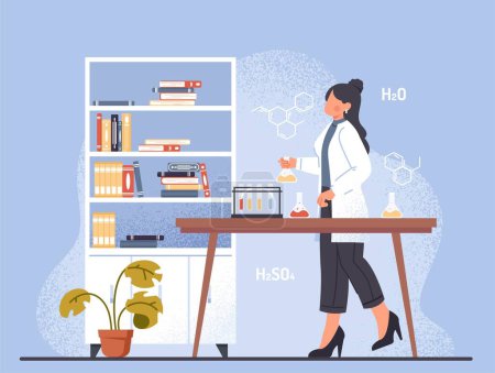 Illustration for Laboratory assistant concept. Young girl with test tubes and reagents next to chemical formula. Experiments in laboratory, development of drugs and cosmetics. Cartoon flat vector illustration - Royalty Free Image