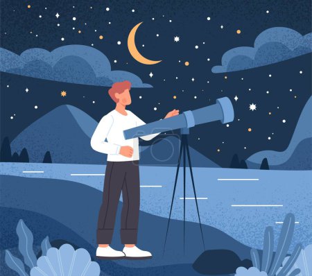 Illustration for Man watching starry sky. Young person with telescope outdoors. Astrology and astronomy, character studies galaxies and space, universe. Education and training. Cartoon flat vector illustration - Royalty Free Image