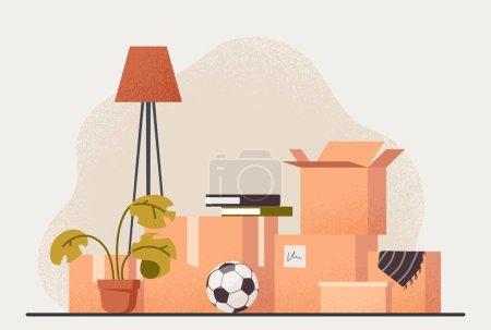 Illustration for Moving to new apartment. Boxes with books, plant, soccer ball and things. Transportation and logistics. Relocation to another house. Poster or banner for website. Cartoon flat vector illustration - Royalty Free Image