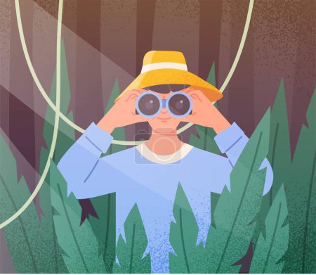Illustration for People in forest. Man or woman with binoculars stands in jungle and looks into distance. Travel, trip and adventure, expedition. Hiking and active lifestyle. Cartoon flat vector illustration - Royalty Free Image