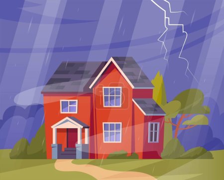 Illustration for Rain and thundering. Bad weather, catastrophe and storm. Rural landscape and real estate, private house. Poster or banner for website. Anomaly and lightning. Cartoon flat vector illustration - Royalty Free Image
