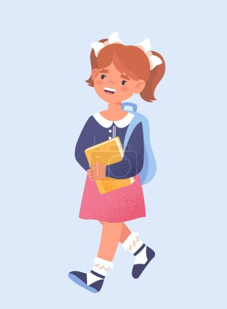 Illustration for Back to school concept. Smiling girl in school uniform holds book and goes to lesson in classroom. Schoolgirl with backpack on shoulders. Education and training. Cartoon flat vector illustration - Royalty Free Image
