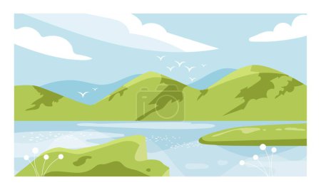 Illustration for Spring season landscape. Poster or banner for website. Mountains near river, plants bloom. Travel, hiking, tourism and adventure, beautiful nature and aesthetics. Cartoon flat vector illustration - Royalty Free Image