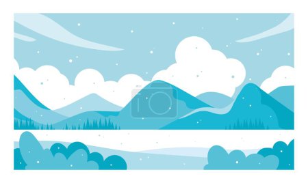 Illustration for Winter season landscape. Beautiful snowcapped peaks in cold weather, frozen river with ice. Beautiful views, hiking and camping, active lifestyle. Poster or banner. Cartoon flat vector illustration - Royalty Free Image