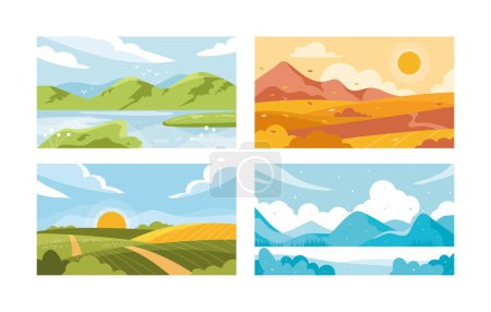 Illustration for Seasons landscape set. Collection of posters or banners for website. Nature, travel and adventure outdoor. Aesthetics and beauty. Cartoon flat vector illustrations isolated on white background - Royalty Free Image