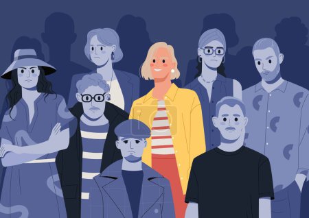 Illustration for Smiling person in crowd. Girl stands out among gray people. Positivity and optimism, psychology and mental health. Leadership and motivation, energy and charisma. Cartoon flat vector illustration - Royalty Free Image