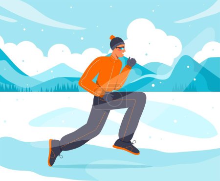 Ilustración de Deporte en temporada de invierno. El hombre con chaqueta y sombrero corre por la nieve. Estilo de vida activo, corredor de maratón o entrenamiento de velocista. Entrenamiento cardiovascular al aire libre, quema de grasa. Dibujos animados ilustración vector plano - Imagen libre de derechos