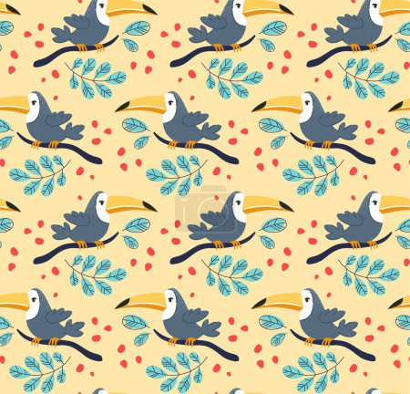 Illustration for Seamless pattern with toucan. Repeating design element for printing on fabric. Tropical and exotic bird. Symbol of jungle and summer season. Flora and fauna. Cartoon flat vector illustration - Royalty Free Image