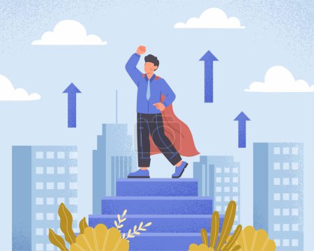 Illustration for Super hero concept. Man in raincoat stands on roof of building and solemnly raises his fist up. Motivation and leadership metaphor. Poster or banner for website. Cartoon flat vector illustration - Royalty Free Image