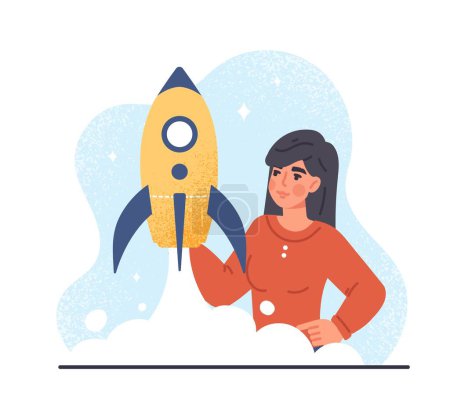 Illustration for Businesswoman with rocket. Successful entrepreneur launches start up, poster or banner for website. Young girl with idea. Financial Literacy and Passive Income. Cartoon flat vector illustration - Royalty Free Image
