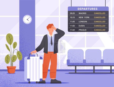 Illustration for Cancelled flight concept. Guy with suitcase at airport looks at scoreboard and covers face with hand. Wrong schedule and bad weather conditions. Traveler and tourist. Cartoon flat vector illustration - Royalty Free Image