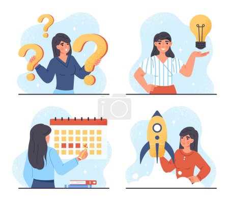 Illustration for Business woman in different situations. Workflow, character with questions, light bulb and rocket. Planning and calendar, time management. Entrepreneur with startup. Cartoon flat vector illustration - Royalty Free Image