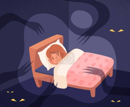 Illustration for Childs fear concept. Little girl lies on bed under blanket and imagines ghosts and horrors. Paranoia and fear of dark, mental health. Poster or banner for website. Cartoon flat vector illustration - Royalty Free Image