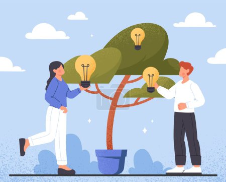 Illustration for Creative business idea. Man and woman with light bulbs in hands near tree. Inspiration and brainstorming. Entrepreneur and businessman with innovation and start up. Cartoon flat vector illustration - Royalty Free Image