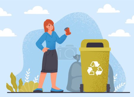 Ilustración de Concepto de reciclaje de basura. Mujer joven lanza lata de estaño o aluminio en la papelera. El cuidado del medio ambiente y la naturaleza, la reducción de las emisiones de sustancias nocivas. Dibujos animados ilustración vector plano - Imagen libre de derechos