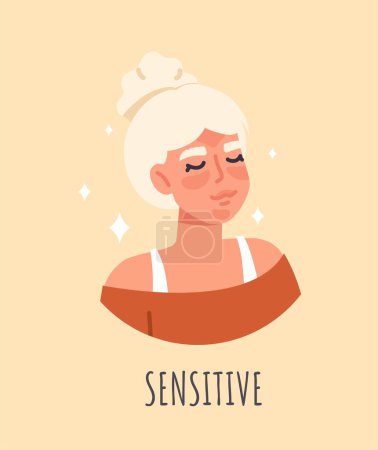 Illustration for Sensitive skin type. Young girl with white hair and delicate skin on her face. Sticker for social networks and instant messengers. Anatomy and Biology, infographic. Cartoon flat vector illustration - Royalty Free Image