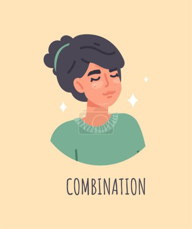 Illustration for Combination skin type. Women with special skin, young girl selects suitable cosmetics for youth and fight against black spots. Sticker for social media and messengers. Cartoon flat vector illustration - Royalty Free Image