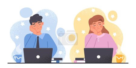 Illustration for Sleepy work concept. Man and woman sitting at workplace, resting their heads on their hands. Emotional burnout and low energy levels. Cartoon flat vector illustrations isolated on white background - Royalty Free Image