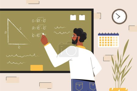 Illustration for African school teacher. Young guy in glasses with chalk near blackboard. University and school, education and training, lecture. Graphic element for website. Cartoon flat vector illustration - Royalty Free Image
