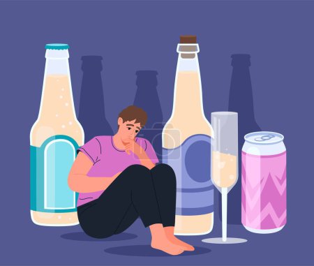 Illustration for Alcohol abuse concept. Man near glasses and bottles of alcoholic drinks. Addiction and psychological problems, mental health. Depression and frustration, bad habits. Cartoon flat vector illustration - Royalty Free Image