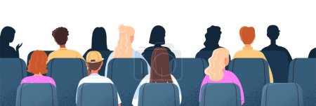 Illustration for Audience in cinema. Graphic element for website, people on chairs. Poster or banner, men and women at lecture or public speaking. Cartoon flat vector illustration isolated on white background - Royalty Free Image