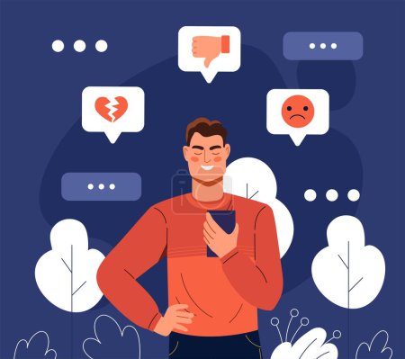 Illustration for Bad message concept. Dissatisfied man with smartphone in his hand, modern technology and digital world. Broken heart, anger, frustration and depression metaphor. Cartoon flat vector illustration - Royalty Free Image