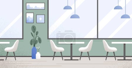 Illustration for Cafe interior concept. White chairs and tables by windows. Poster or banner for website. Place to relax after work and study. Comfort and coziness indoors, decoration. Cartoon flat vector illustration - Royalty Free Image