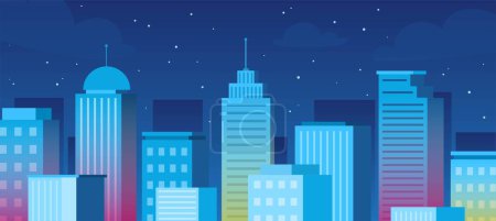Illustration for Cityscape in darkness. Night landscape, skyscrapers and urban architecture. Graphic element for website. Poster or banner. Highrise buildings concept. Cartoon flat vector illustration - Royalty Free Image