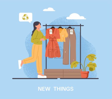 Illustration for Clothes recycling infographic. Young girl looking for new ecological things. Poster or banner for website. Wardrobe, fashion and style. Clothing with recycling badge. Cartoon flat vector illustration - Royalty Free Image