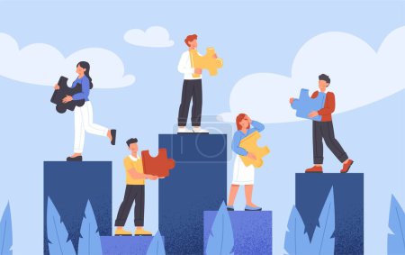 Illustration for Concept of bad teamwork. Men and women with puzzles on cliff. Efficient Workflow. Poster or banner. Partners and colleagues, problems in communication and interaction. Cartoon flat vector illustration - Royalty Free Image