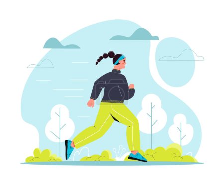 Illustration for Concept of healthy lifestyle. Young girl runs in park against backdrop of trees. Athlete, marathon runner and sprinter. Active rest and hobby. Poster or banner. Cartoon flat vector illustration - Royalty Free Image