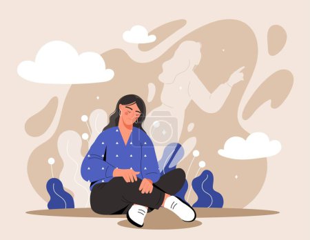 Illustration for Concept of spirit separation. Girl sits in lotus position and sleeps, and spirit or ghost comes out of her. Imagination and fantasy, fairy tale. Magic and sorcery. Cartoon flat vector illustration - Royalty Free Image